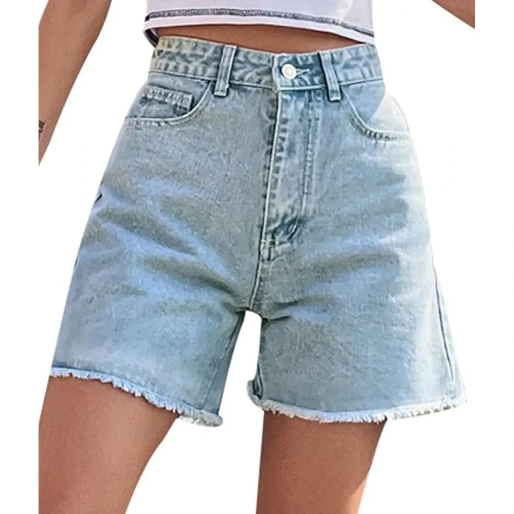 Jasambac Denim Shorts High Waist Frayed‎ Hem Light Wash Blue Mom Stretch Jean M